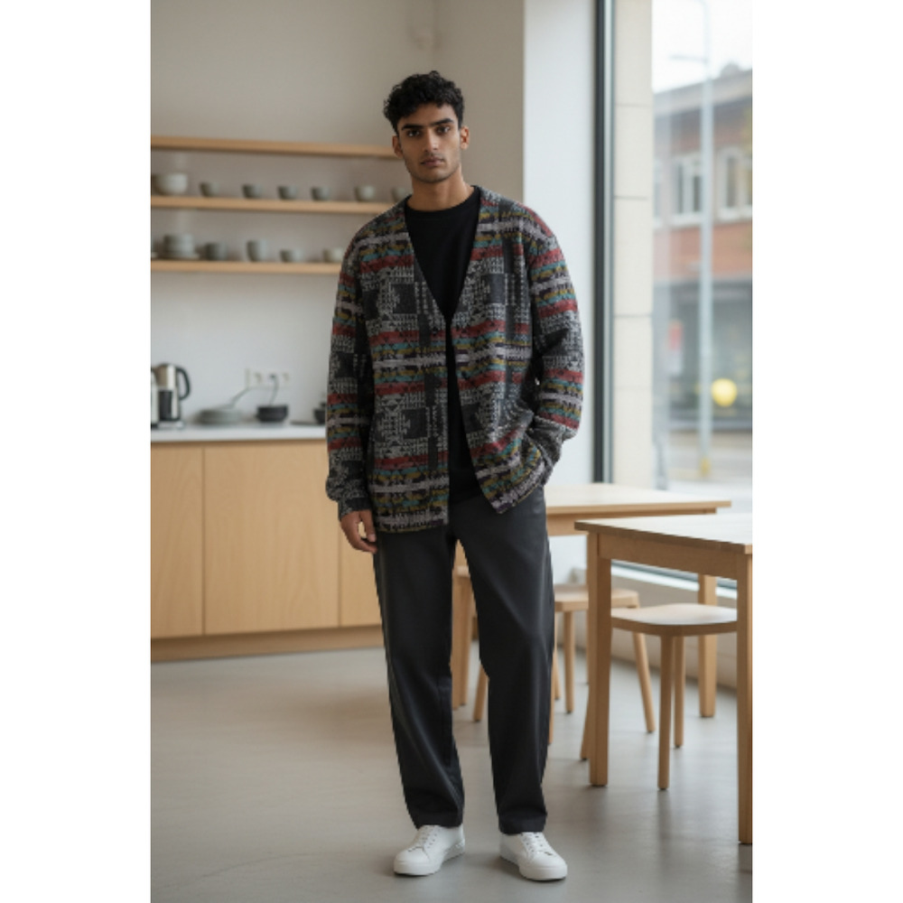 M842) Black Scale Colorful Aztec Geo Print Button Down Retro Sweater Jacket L